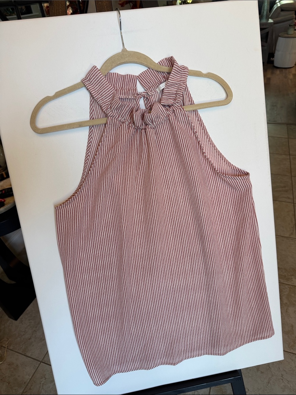 Heyday-Sleeveless Ruffle Neck Striped Tank Top - Pink